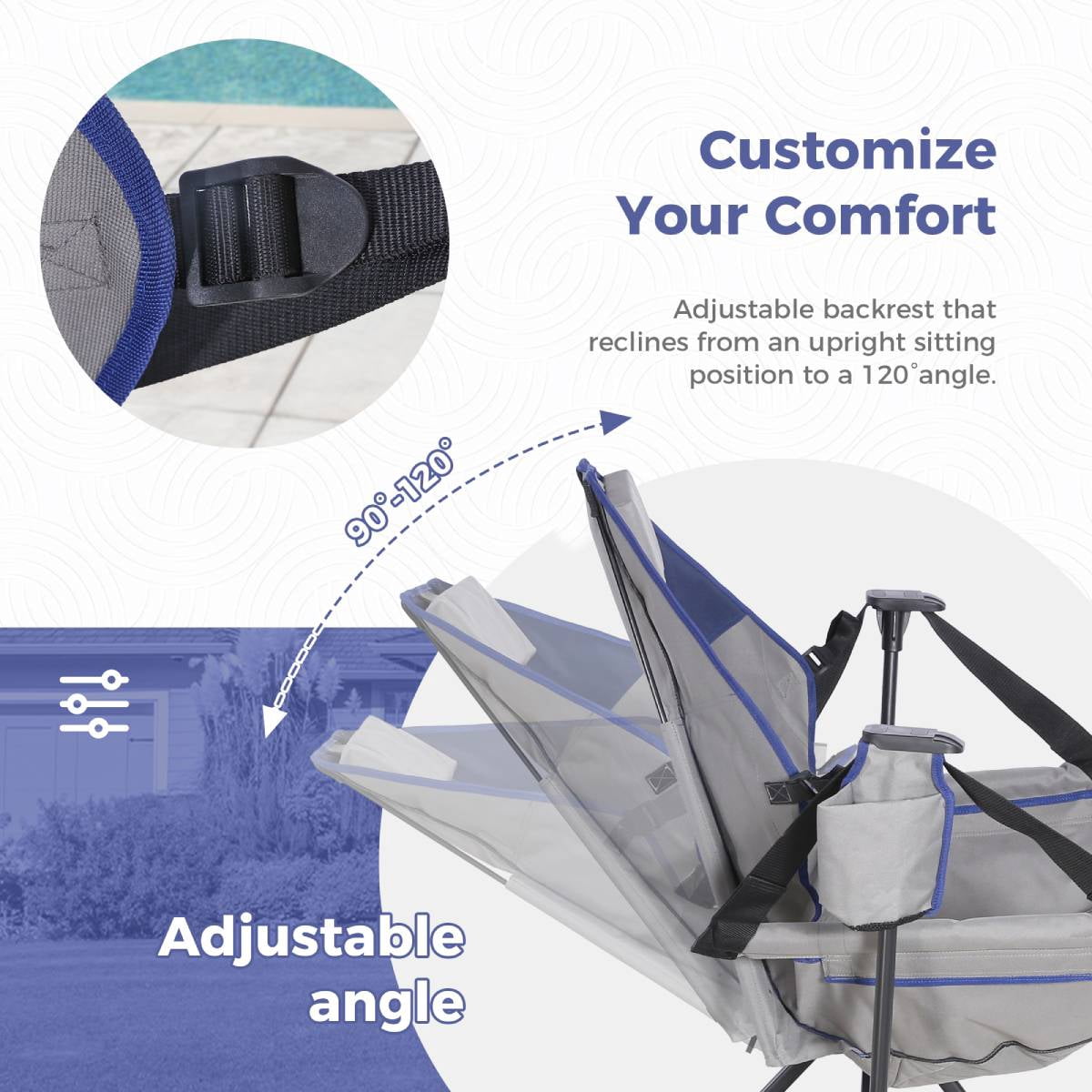 Foldable Recliner Rocking Lounger, Portable Outdoor Chair with Headrest & Cup Holder, 400lbs Load Capacity, Adjustable Backrest for Beach Lawn Hunting Fishing Tailgating