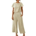 thumbnail image 1 of zanvin Ensembles 2 Pcs pour Femmes, Ensembles Assortis d'Été 2 Pcs pour Détente pour Femmes, Tenues Unies en Lin, Hauts à Col Rond à Manches Courtes et Pantalons Longs, Survêtements, 1 of 5