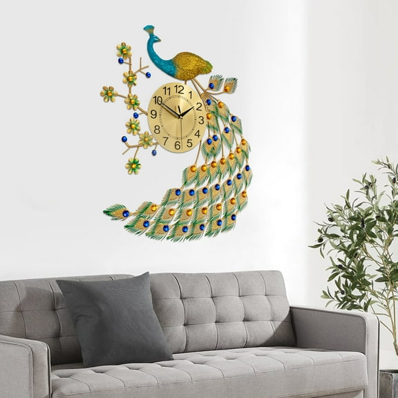 Modern Luxury Peacock Large Wall Clock 3D Metal Living Room Wall Watch Home Decor Battery Powered  25.59*29.53in for Use As A Wall Clock and Wall Decoration in Bedrooms, Dining Rooms, Living Rooms
