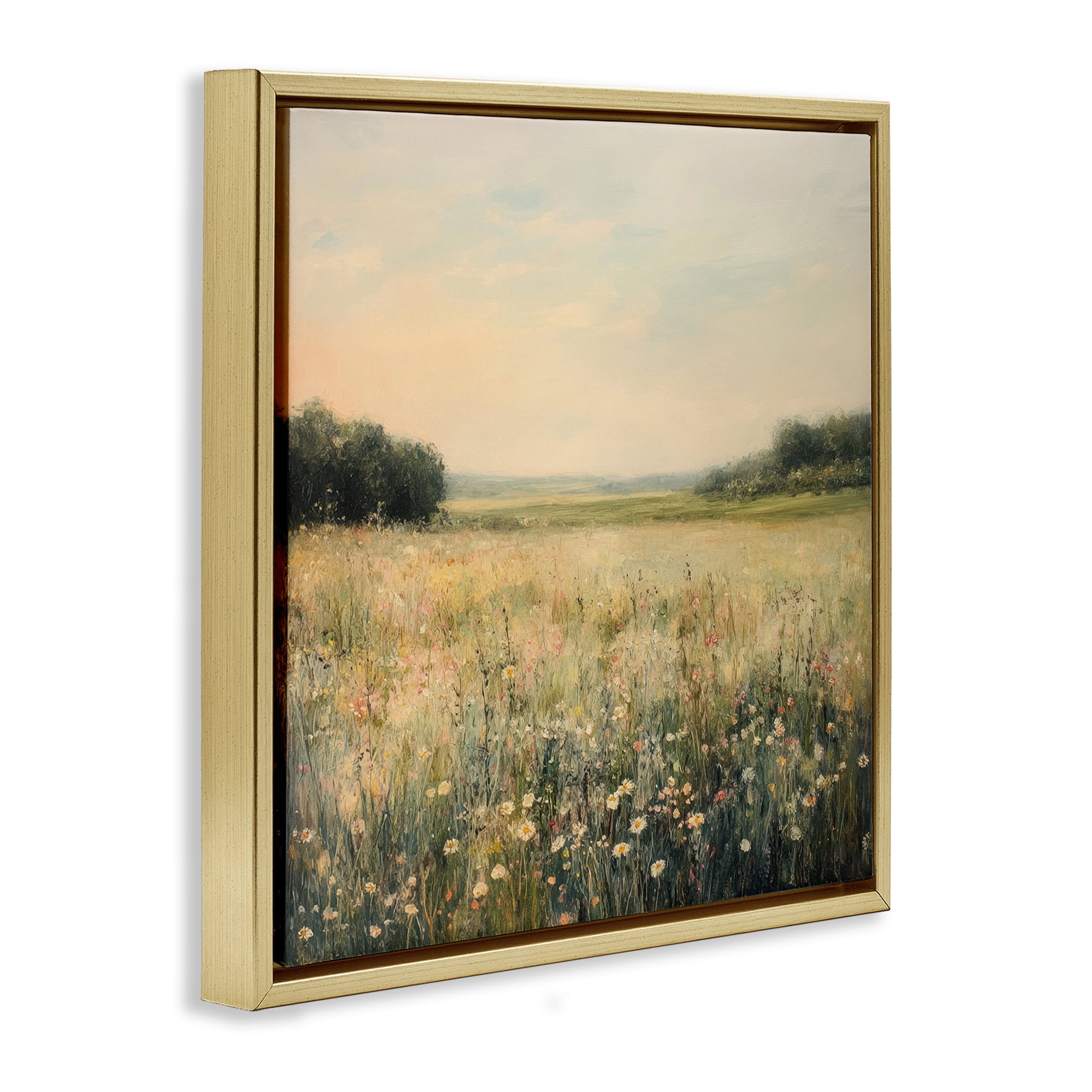 Stupell Industries Warm Wildflower Landscape Gold Framed Floater Canvas Wall Art design by Petal Prints Design, 18 x 18