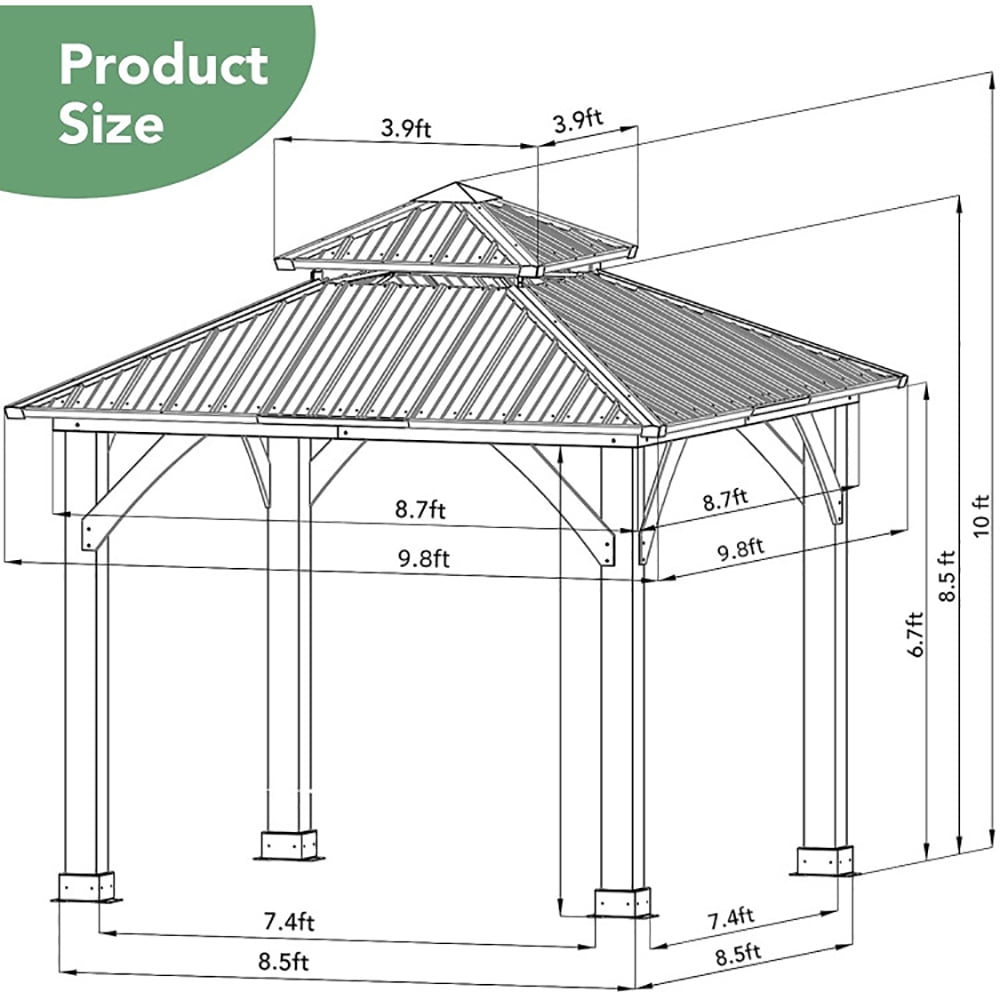 Aimee Lii 10 x 10 Feet Patio Pine Wood Hardtop Gazebo with Double Steel Roof for Outdoor, Backyard Canopy Gazebo, Gray
