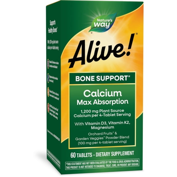 Nature's Way Alive! Calcium Max Absorption Tablets, Vitamin D3, Vitamin K2, Magnesium, 60 Count