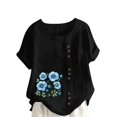 thumbnail image 3 of DDAPJ pyju Linen Tops for Women Short Sleeve Floral Print Tshirts Loose Fit Round Neck Casual Dressy Blouse Today's Sales Black XXXL, 3 of 5