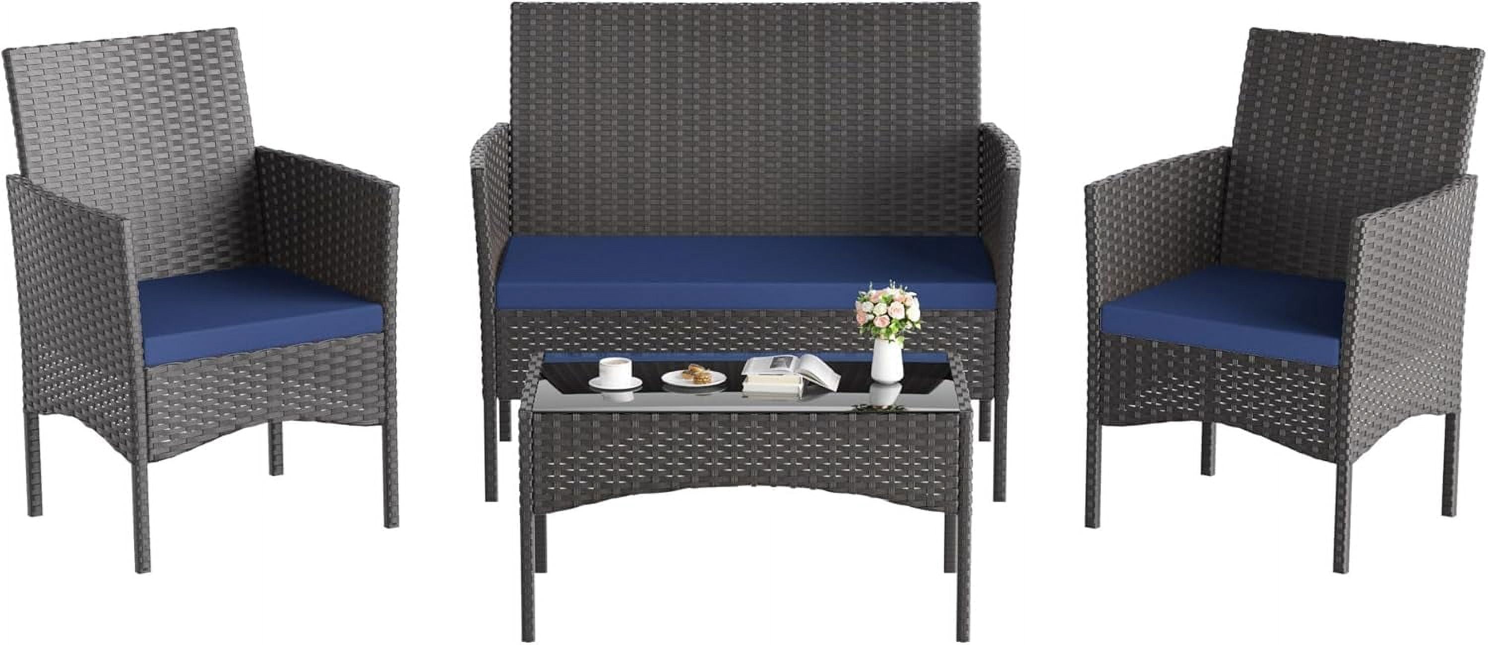 Kullavik 4 Pieces Outdoor Patio Furniture Set,PE Wicker Rattan Chairs Garden Conversation Sets with Tempered Glass Table and Soft Cushions for Lawn,Pool or Backyard,Navy Blue