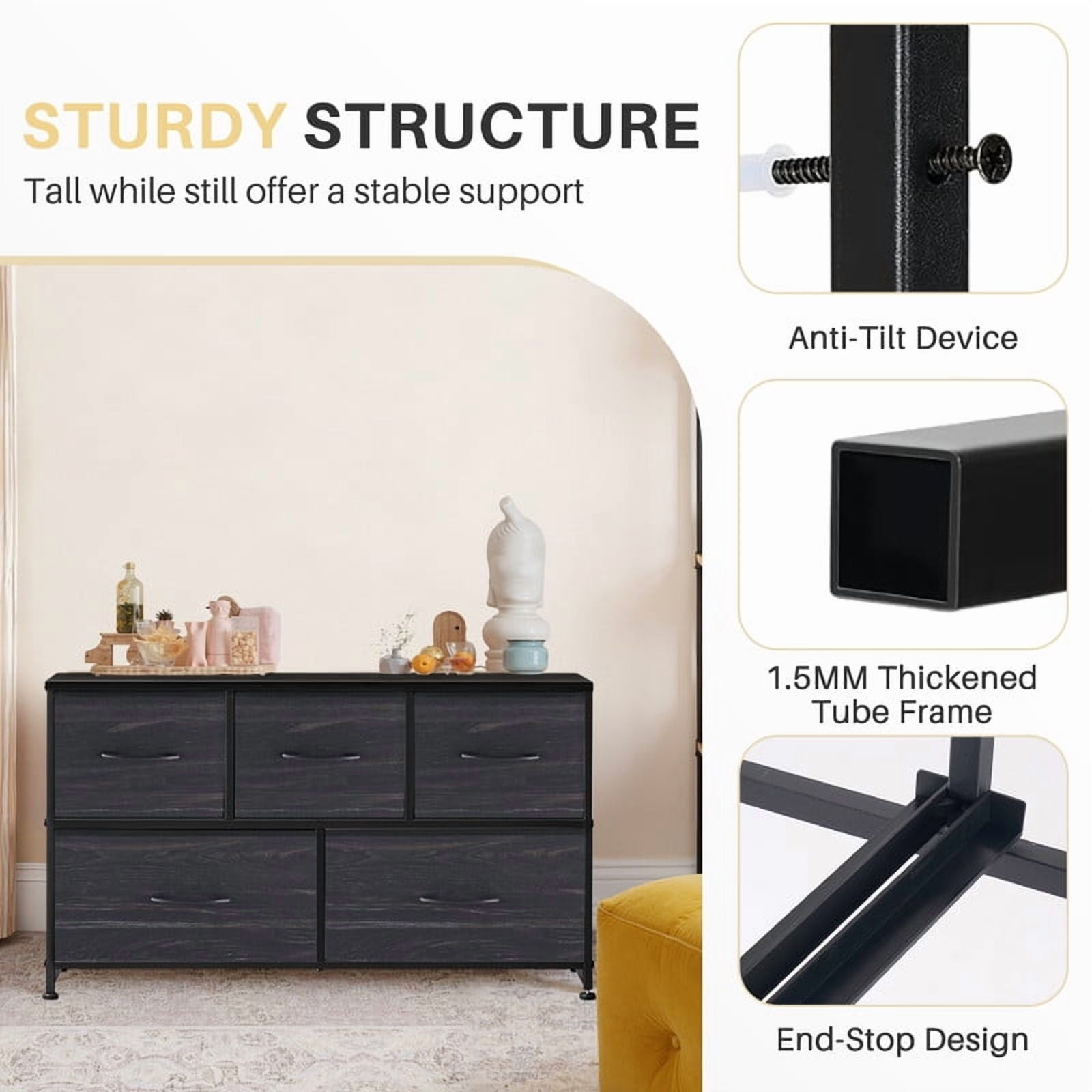 Simenmax 5 Dresser, Storage Drawers with Removable Fabric Bins, Fabric Closet Chests Organizer for Bedroom, Closet, Living Room, Black Wood