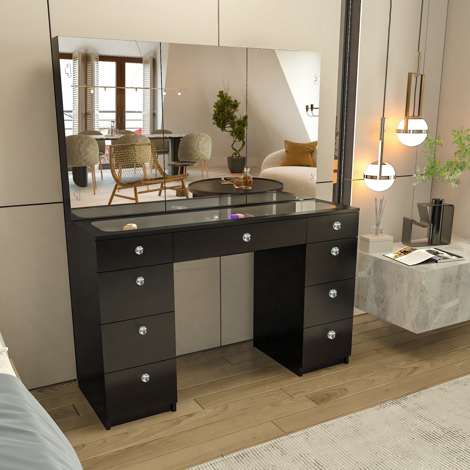 Boahaus Lily Modern Black Painted Vanity Table with Crystal Knobs, for