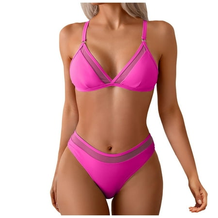 2DXuixsh 2Pcs Women s Bikini Sets Two Piece Bathing Suits Swim Tank Top with Boyshorts Swimsuits V Neck Low Rise Crisscross Back Self Tie Spaghetti Straps Swimwear Hot Pink Size L