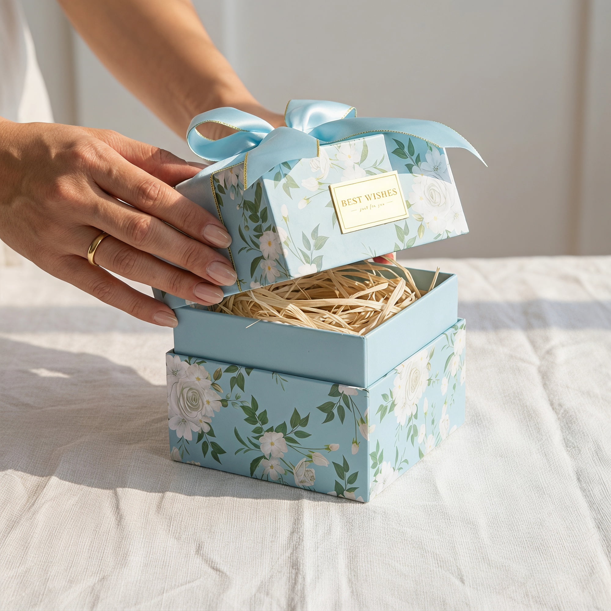 Unique Bargains 2Pcs Floral Ribbon Multifunctional Gift Box Blue 4.7" x 4.7" x 4.7"