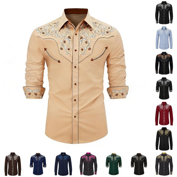 CUZIBR Boys Kids Western Cowboy Shirts Fashionable Floral Graphic Embroidery Long Sleeve Button Down Casual Top For Toddler Youth Summer Fall Comfortable Blouse Top,1-Khaki,8-9 Years
