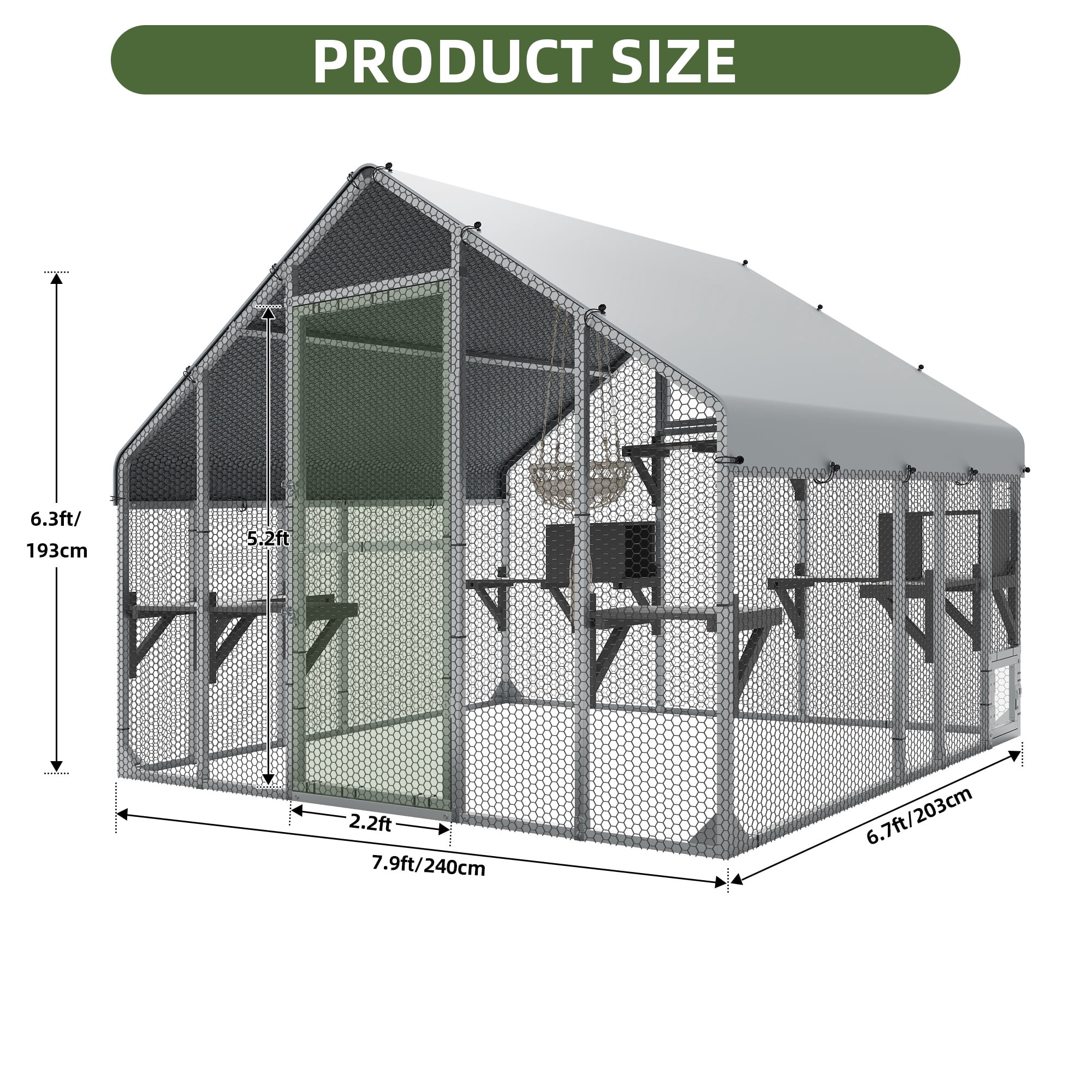 Uforic 94 Inch Outdoor Cat Enclosure, Extra Large Metal Catio for Multiple Cats, Weatherproof Roof Cat Cage with 7 Platforms, 2 Resting Boxes & Cat Hammock Bed, Sliver