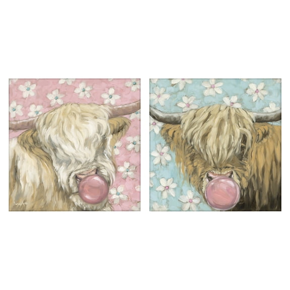 Stupell Industries Cute Bubblegum Highland Cattles 2 Piece Canvas Wall Art Set, design by Sara G. Designs
