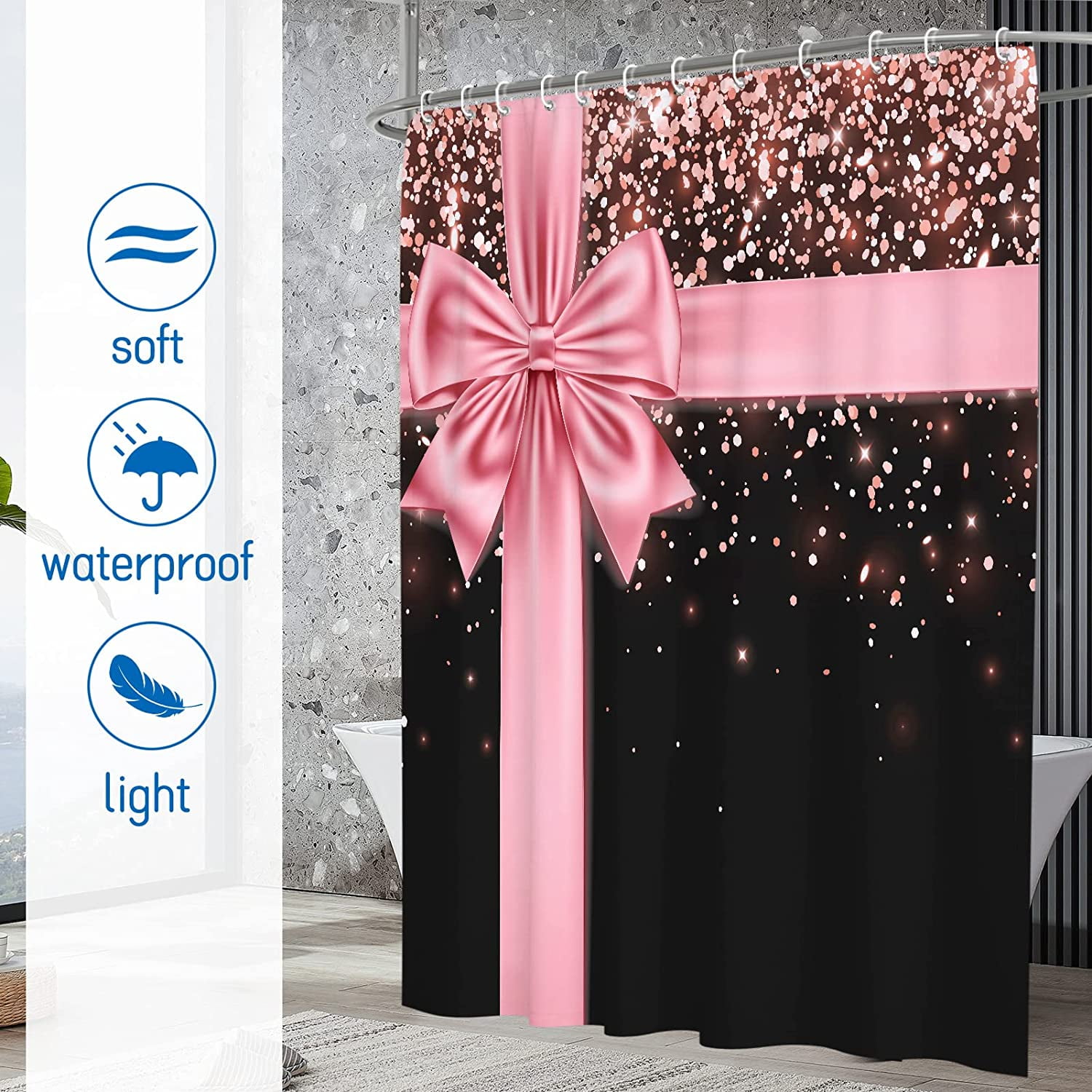 Rose Gold Glitter Bling Shower Curtain,Pink Bow Shower Curtain Bathroom Decor for Women Girl with 12 Hooks Christmas Birthday Elements Washable Durable Polyester Fabric 72x72 Inches