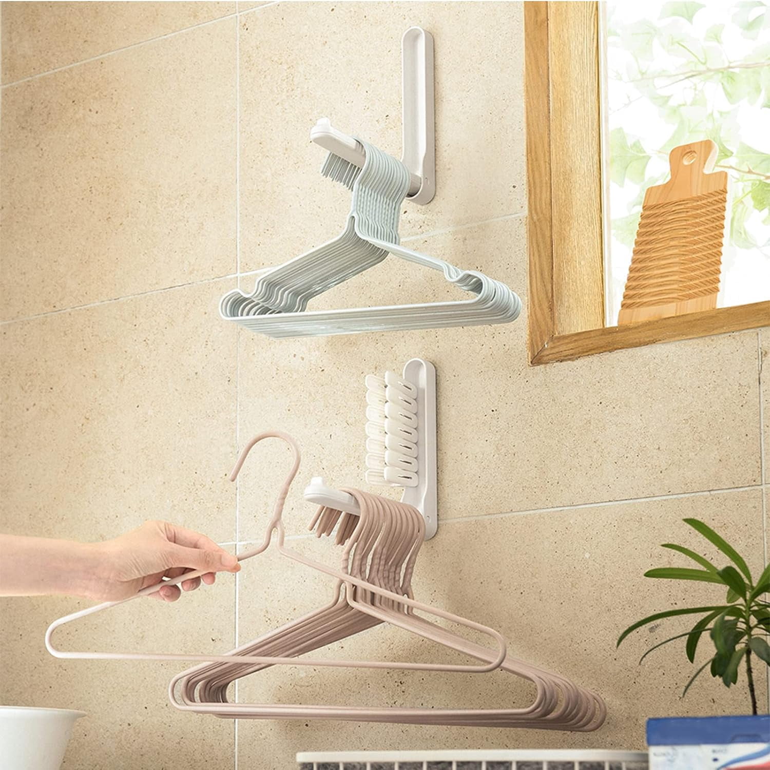 Hanger Organizer with Adhesive Glue,Hanger Storage Rack for Washing Machine,Hanger Stacker for Closet Laundry Room,Clothes Hanger Storage, Wall-Mounted, Foldable, Space-Saving(3 Pcs)