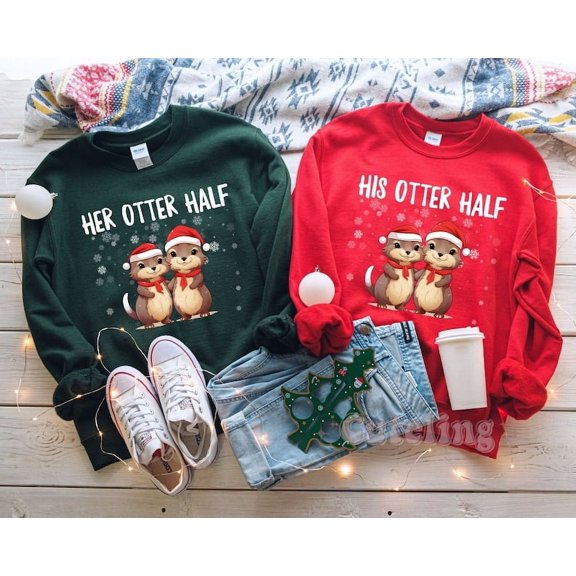 Couples Christmas Sweater, Couple Christmas Pajamas Couple Sweatshirt Otter Puns Matching Christmas Sweatshirt