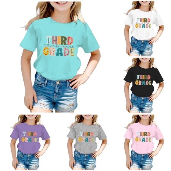 Trendfront Girls Third Grade Crewneck T Shirt Cute Level 3rd Grade Graphic Print Short Sleeve Tee Toddler Elementary School Clothes Kids New Semester Fashion Top