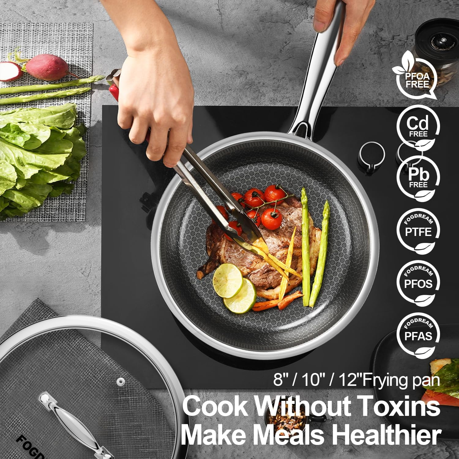 Non Stick Frying Pans, 10 Inch Stainless Steel Skillet with Tempered Glass Lid Tri-Ply Stainless Steel for All Cooktops, Dishwasher & Oven-Safe Cooking Pan, Stay-Cool Handle, Silver