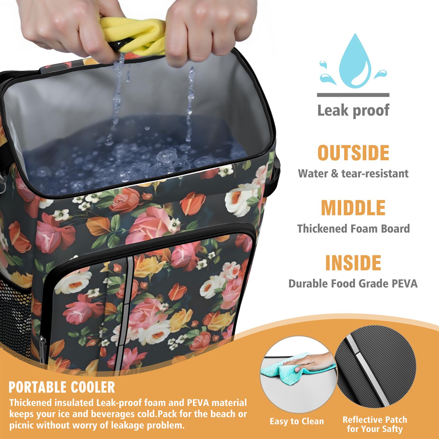 Travel Cooler Bag - Pioneer Flower Floral Print Pattern Camping Beer Cooler Backpack with Bottle Opener- Waterproof Insulated Picnic Backpacks - Cooler Bag for Beach