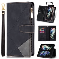 Galaxy Z Fold 3 5G Case(2021), Allytech Wallet Case Zipper PU Leather Anti-Scratch Card Slots Flip Kickstand Wrist Lanyard Strap Magnetic Closure Purse Case for Samsung Galaxy Z Fold 3(7.6"), Black
