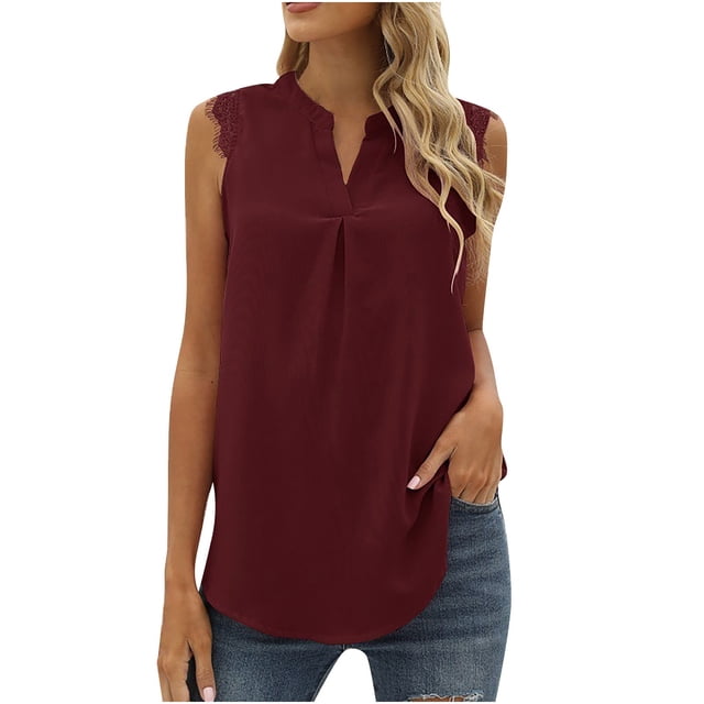 Timegard Tank Tops for Women V-Neck Lace Sleeveless Ruched Mesh Flowy Summer Beach Casual Loose Top