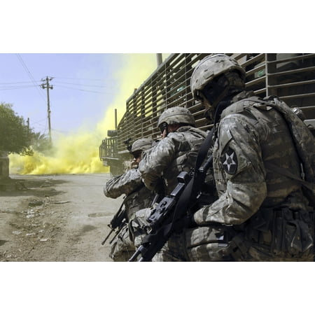 March 14 2007 - US Army soldiers use smoke grenades for concealment as they engage anti-Iraqi forces in Buhriz Iraq Poster (Best Smoke Grenades For Photography)