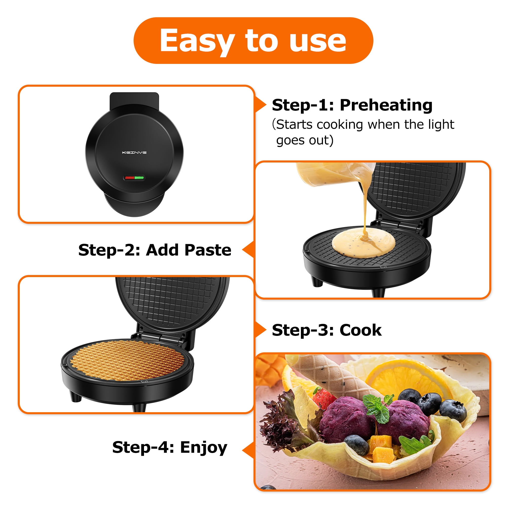 KEINVE Waffle Cone Maker Machine with Overheat Protection, 7” Ice Cream Cone Maker,Electric Nonstick Waffler lron Machine for Sundaes or Dly Dessert, Summer BBQ Gift Treat for Kids Adults