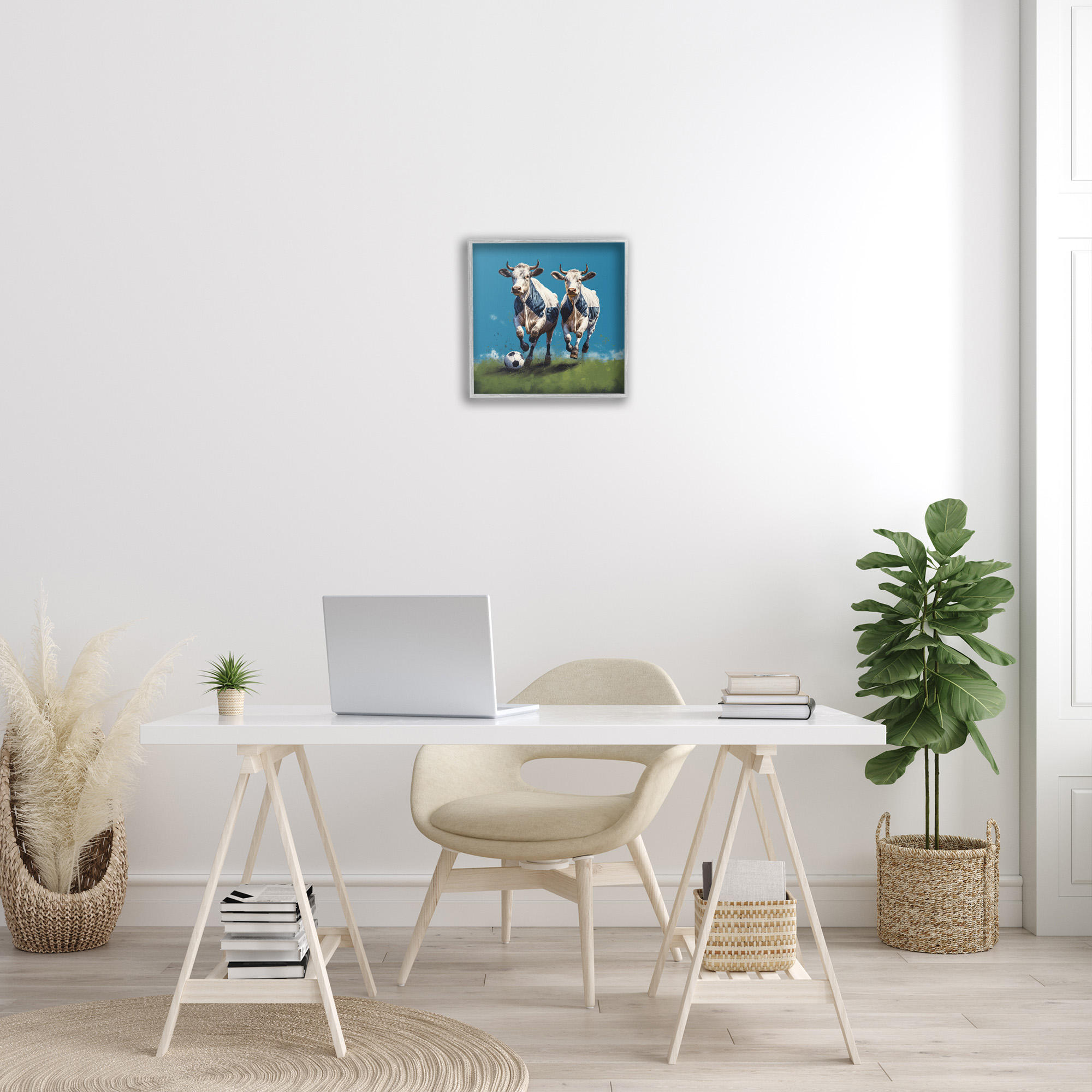 Stupell Industries Cows Playing Soccer Animals & Insects Painting Gray Framed Art Print Wall Art, 17 x 17