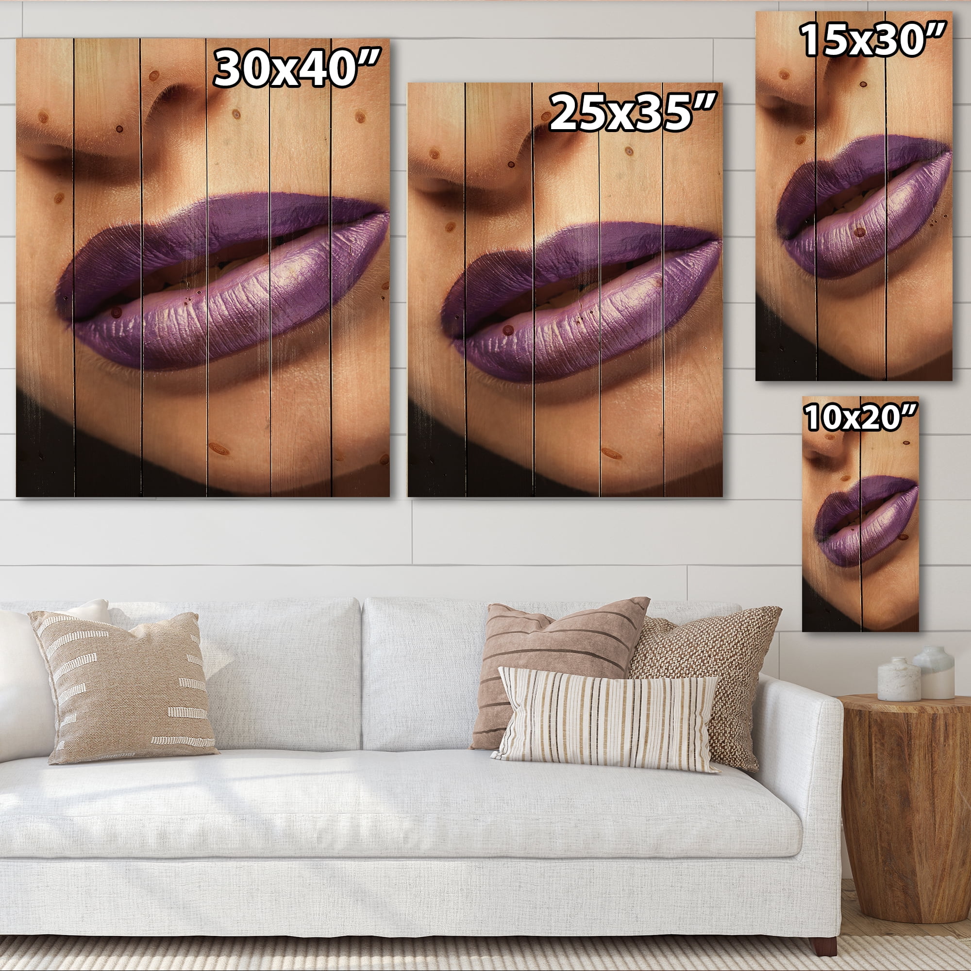 Designart 'Close Up View of Girl Lips With Purple Lipstick' Modern Print on Natural Pine Wood