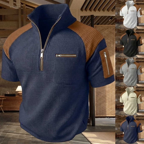 Men's Color Block Top 48%Polyester 38%Rayon 11%Cotton 3%Spandex Short Sleeve Zipper Stand Collar Casual Shirt Fashion Breathable Work Golf Travel | Zenithor,Black L