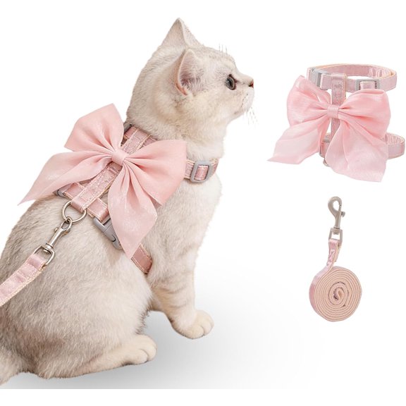 Pink Bow Cat Harness and Leash Set Escape Proof, Adjustable Kitten Harness with Leash, Bow Tie Cat Harness for Walking Outdoor - Soft Lightweight Harness for Small Dogs Cats Rabbits (S)