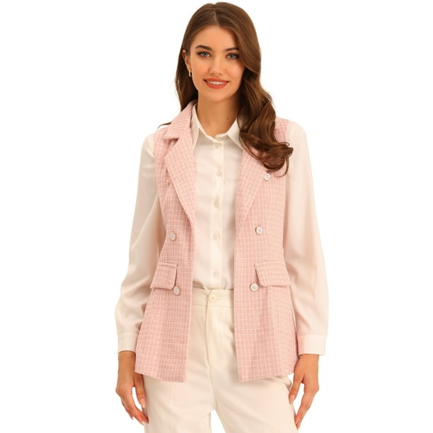 Chaqueta sin mangas con solapa de tweed a cuadros para mujer con bolsillos Rosa L