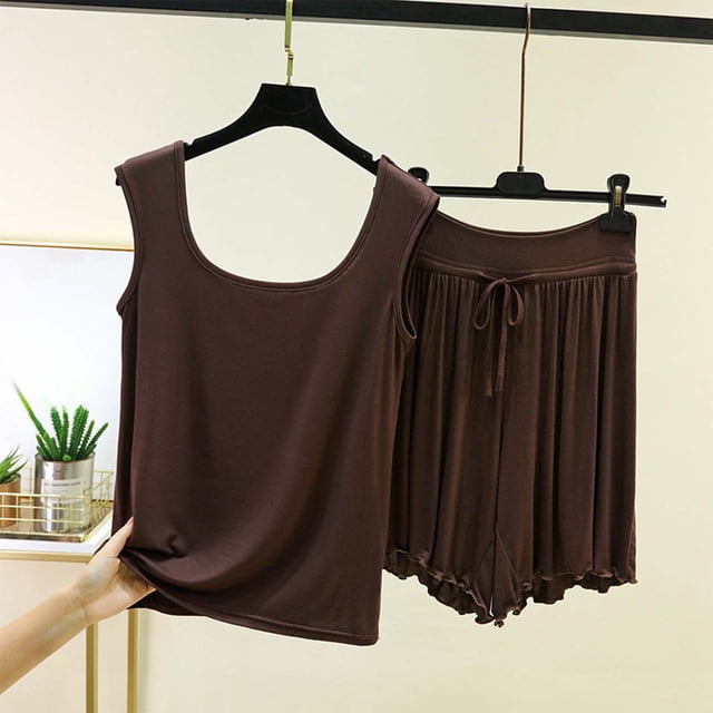 RKSTN Pyjama pour Femmes Ensemble Coton à Volants Grande Taille Col Ras du Cou Sans Manches Camisole de Pyjama avec Shorts 2 Pcs Pyjama Léger pour Femmes