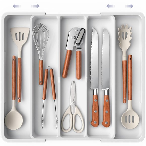 Cajón de cocina ampliable Aujen, organizador de cubiertos, blanco