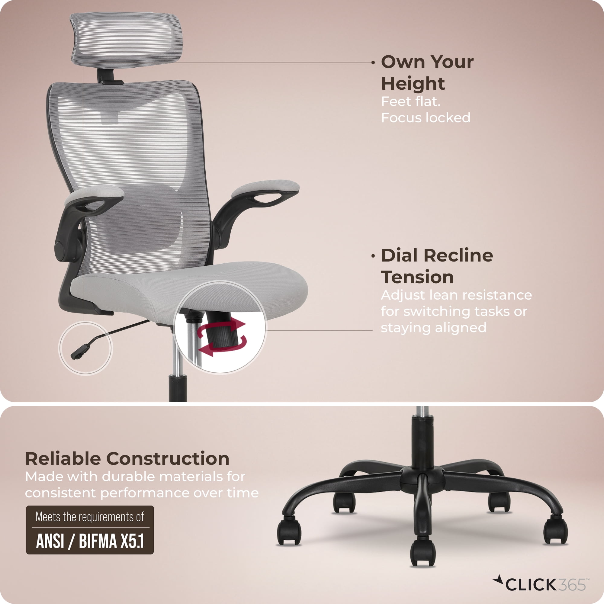 Click365 Adult Mesh High Back Indoor Commercial Ergonomic and Adjustable Headrest Office Chairs Hardware Kit, Gray