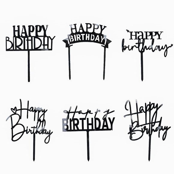 Adorno para tartas Hazyore, acrílico negro, para felicitación de cumpleaños, 6 unidades