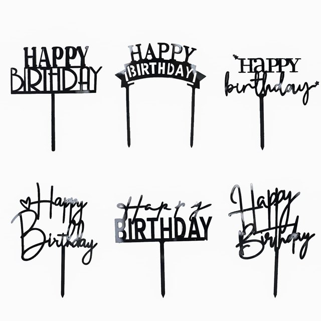 Adorno para tartas Hazyore, acrílico negro, para felicitación de cumpleaños, 6 unidades