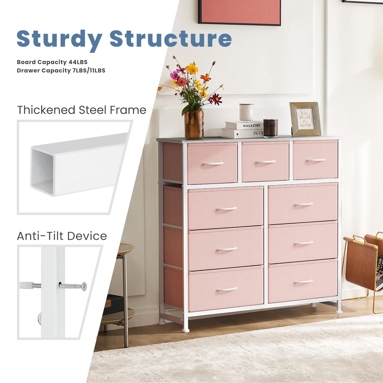 Telyra 9-Drawer Fabric Dresser Tall Storage Tower with Wood Top and Steel Frame Bedroom Closet Organizer, Pink