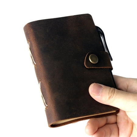 Fishknow Pocket Notebook with Pen,Genuine Leather Journal Mini Notebook Small Unlined Notepad for Women Men(Dark Brown)