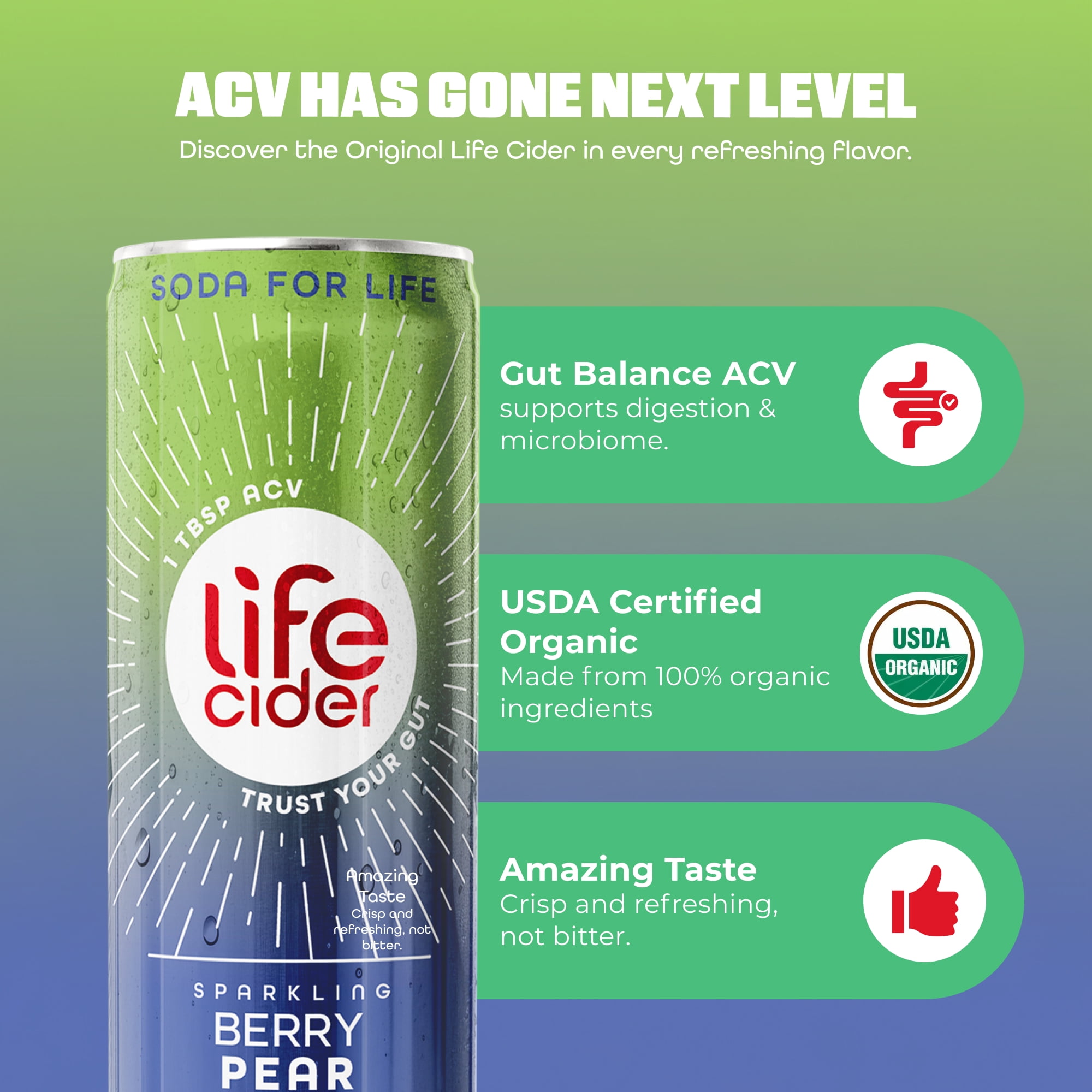 Life Cider Sparkling Apple Cider Vinegar Drink, Berry Pear, Gut Balance, 12 Pack, 12 fl oz Aluminum Can