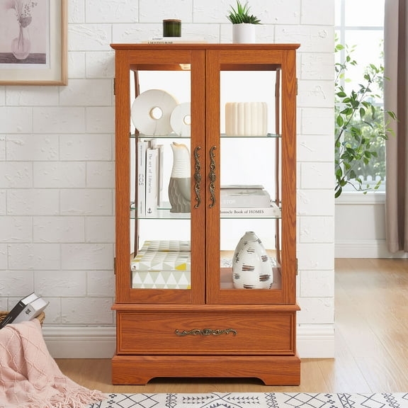 S-HOME Curio Display Cabinet in Dark Oak Featuring 2 Doors, 1 Drawer, and Adjustable Glass Shelves with Bulb Included