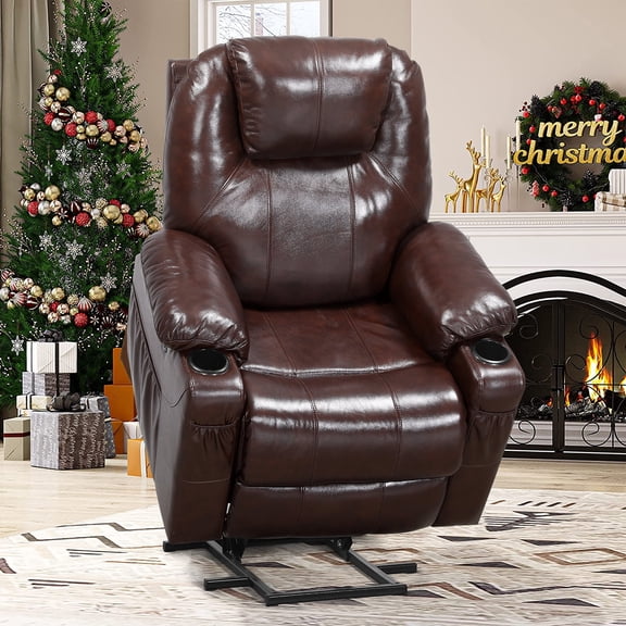 BALICHUN Genuine Leather Lift Recliner Chairs for Pregnant Woman and Elderly with Electric Massage and Heating, OKIN Motor Power Chair Lift Recliner, 2 USB, 2 Cup Holder, 4 Side Pocket (Brown)
