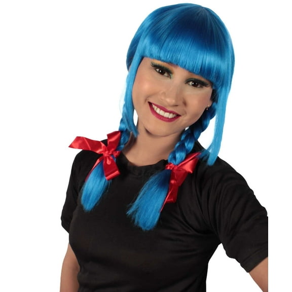 HPO Adult Women's Braided Pigtails, Evil Doll Wig with Red Ribbons Movie Icon Halloween & Cosplay