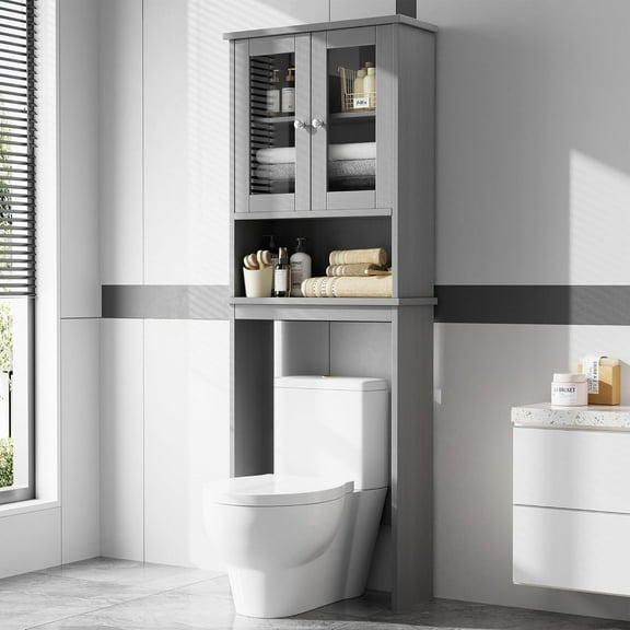 XgoodX Over The Toilet Storage Cabinet, Bathroom Storage Cabinet Over Toilet, Space Saver with 2 Tempered Glass Doors, Grey