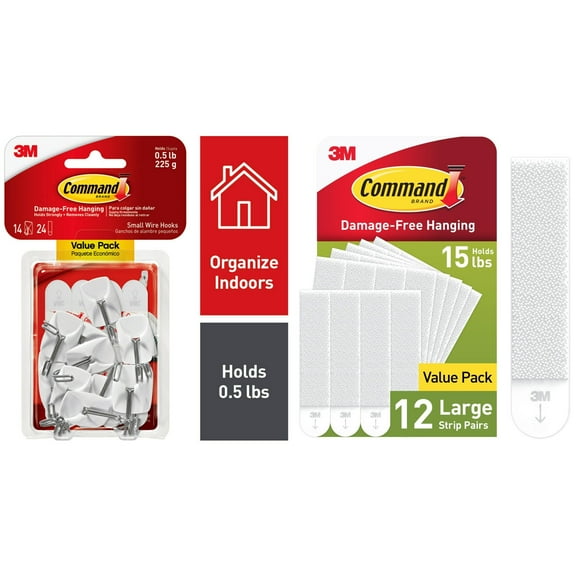 Command Small White Wire Toggle Hooks 14 Hooks and Command White Large Picture Hanging Strips 12 Pairs