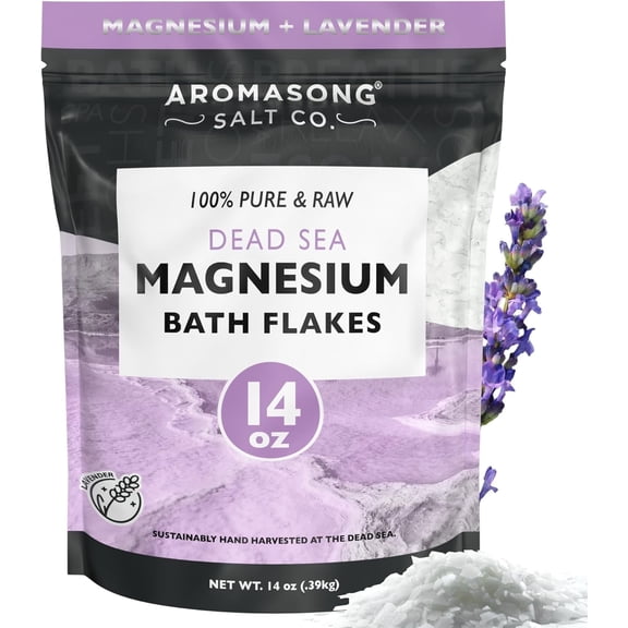 Aromasong RAW Magnesium Bath Flakes with 100% Natural Lavender, 14 Oz. Muscle Relaxing Organic Salts Mg Chloride, Mineral Soak Salt.
