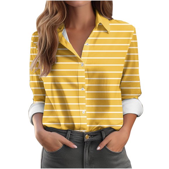 Lenpel Women's Button down Shirts Long Sleeve V Neck Collared Striped Loose Work Tops Business Casual Blouses(Yellow,X-Large)
