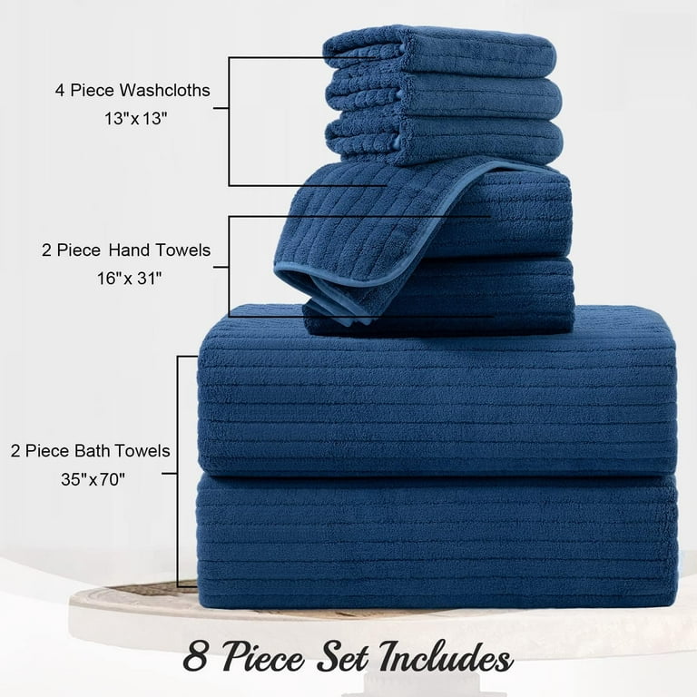 Jessy Home Navy Blue Bath Towel set of 8, 2 Oversized Bath Towels