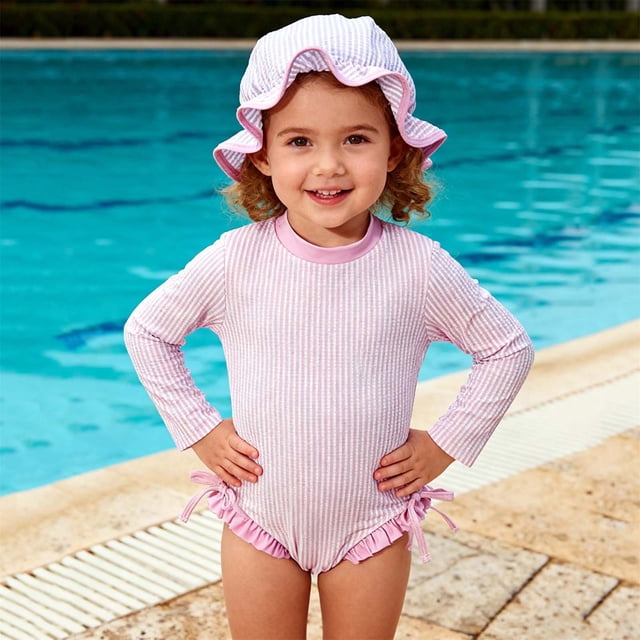 Odeerbi 0-3 Años Niñas Traje de Baño de Manga Larga A Rayas de Una Sola Pieza de Protección Contra Erupciones Con Sombrero Solar Upf 50 + Protección Solar Traje de Baño En Seco Rápido