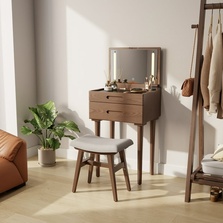 Muwuele Wood Small Vanity Desk with Flip Top Mirror, Brightness Adjustable  Lights, Makeup Vanity with Drawers, Dressing Table for Bedroom, Walnut -  Walmart.com