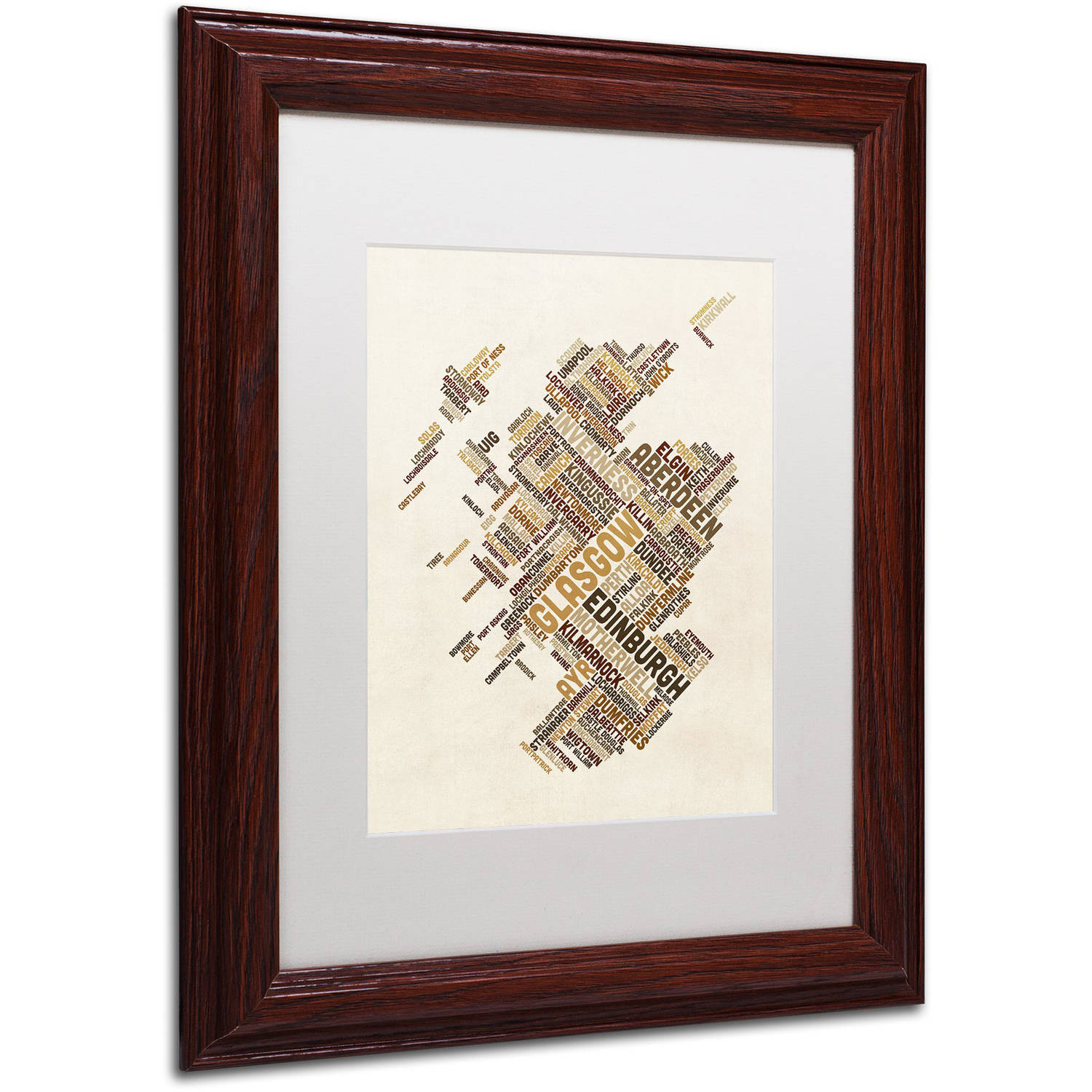 Trademark Fine Art "Scotland Typography Text Map 6" Canvas Art by Michael Tompsett, White Matte, Wood Frame