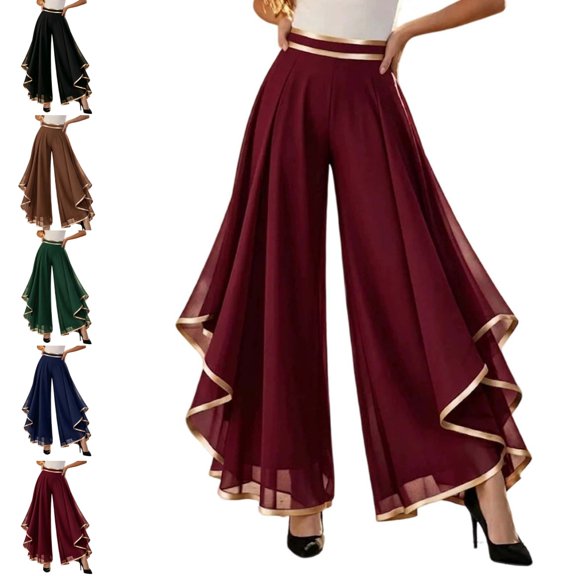 Levmjia Women's Chiffon Pants High Waisted Ruffled Hem Wide Leg Pants with Gold Trim Elastic Waist Flowy Casual Lounge Trousers for Evening Party